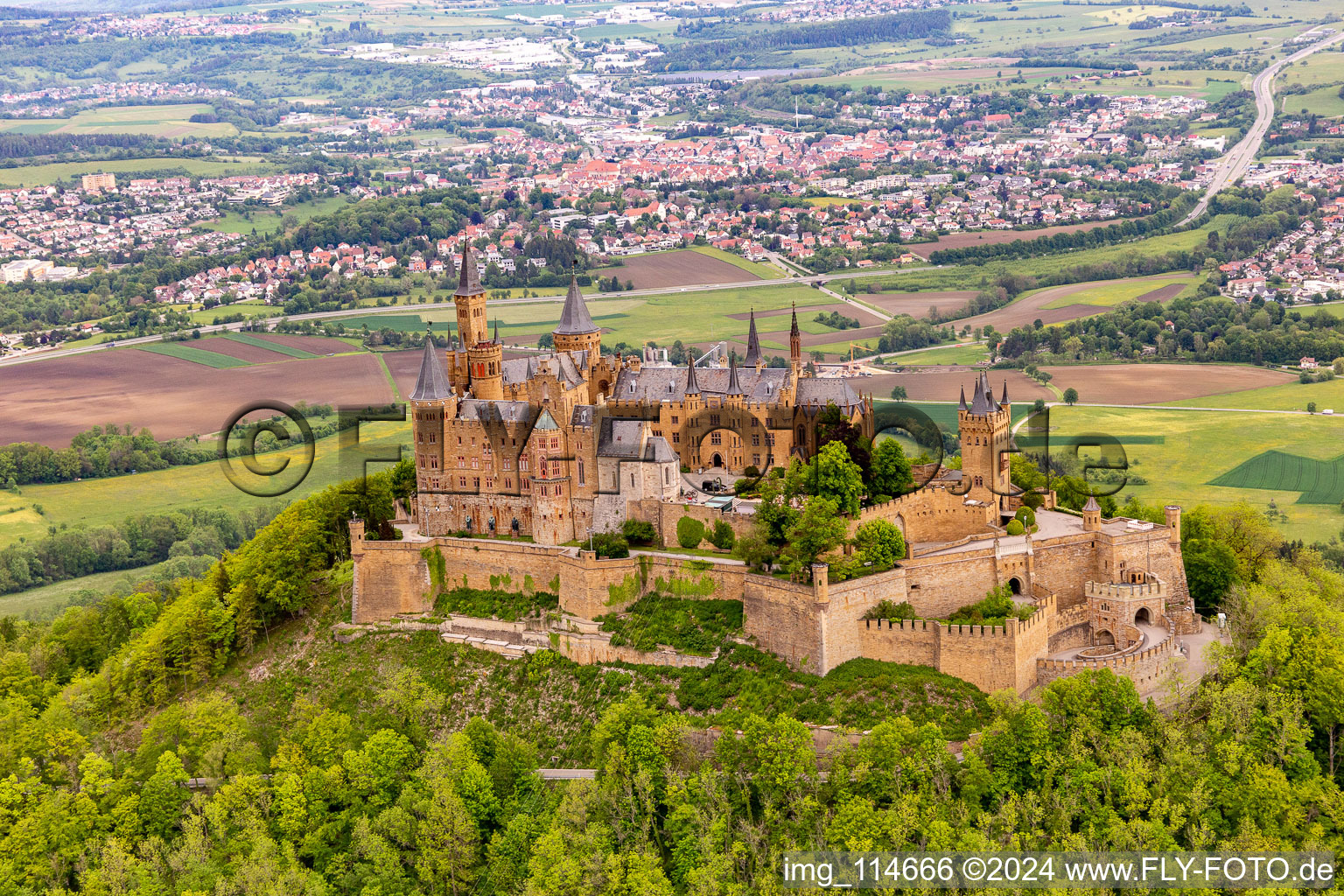 Hohenzollern Castle in the district Zimmern in Bisingen in the state Baden-Wuerttemberg, Germany seen from above