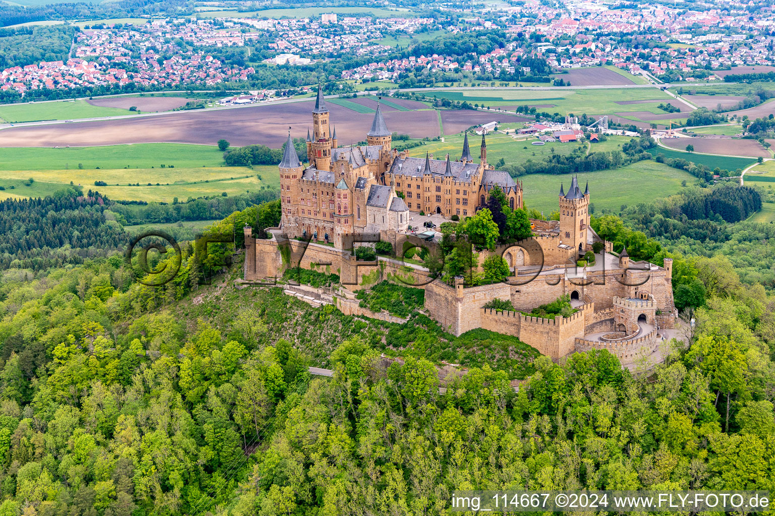 Hohenzollern Castle in the district Zimmern in Bisingen in the state Baden-Wuerttemberg, Germany from the plane