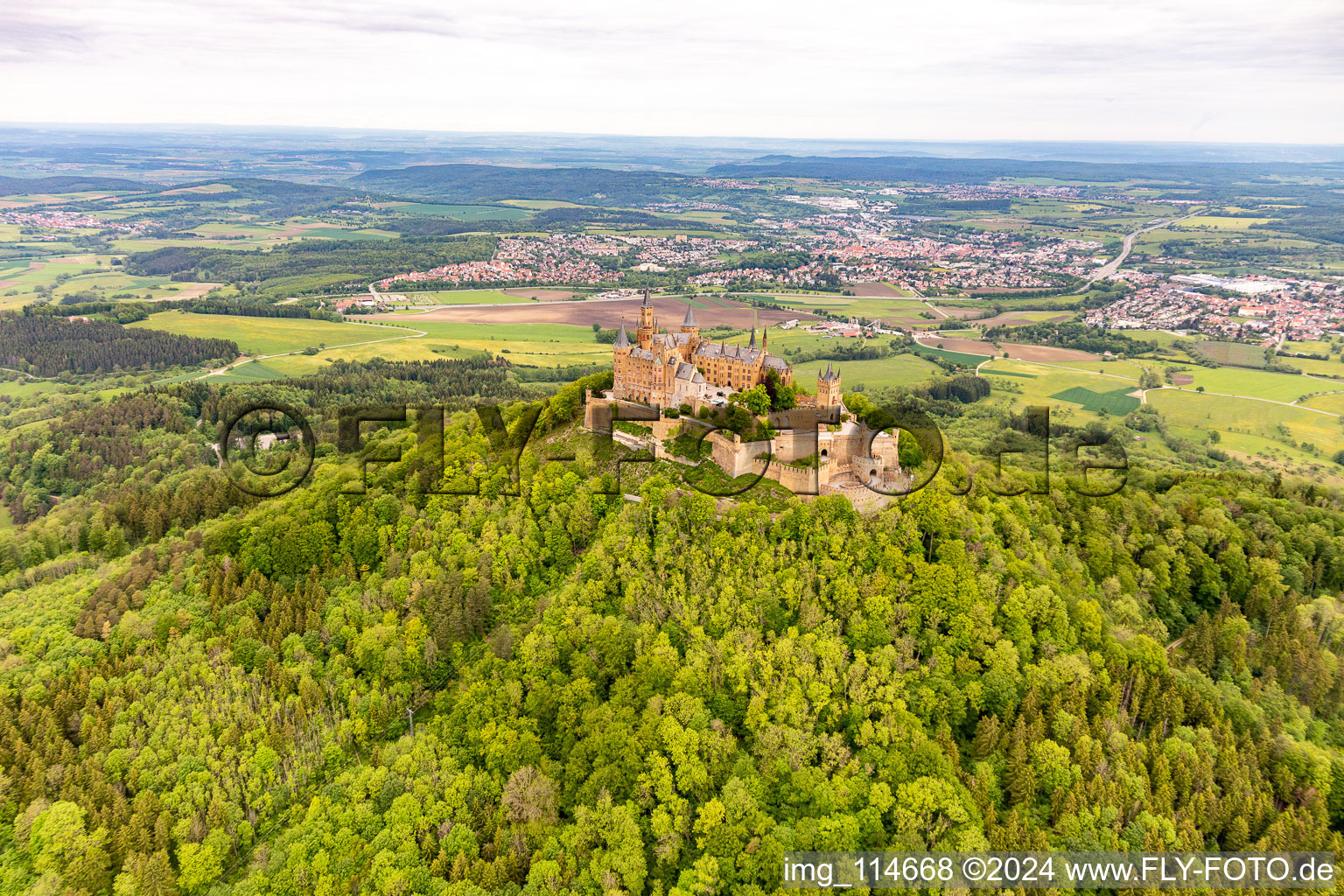 Bird's eye view of Hohenzollern Castle in the district Zimmern in Bisingen in the state Baden-Wuerttemberg, Germany