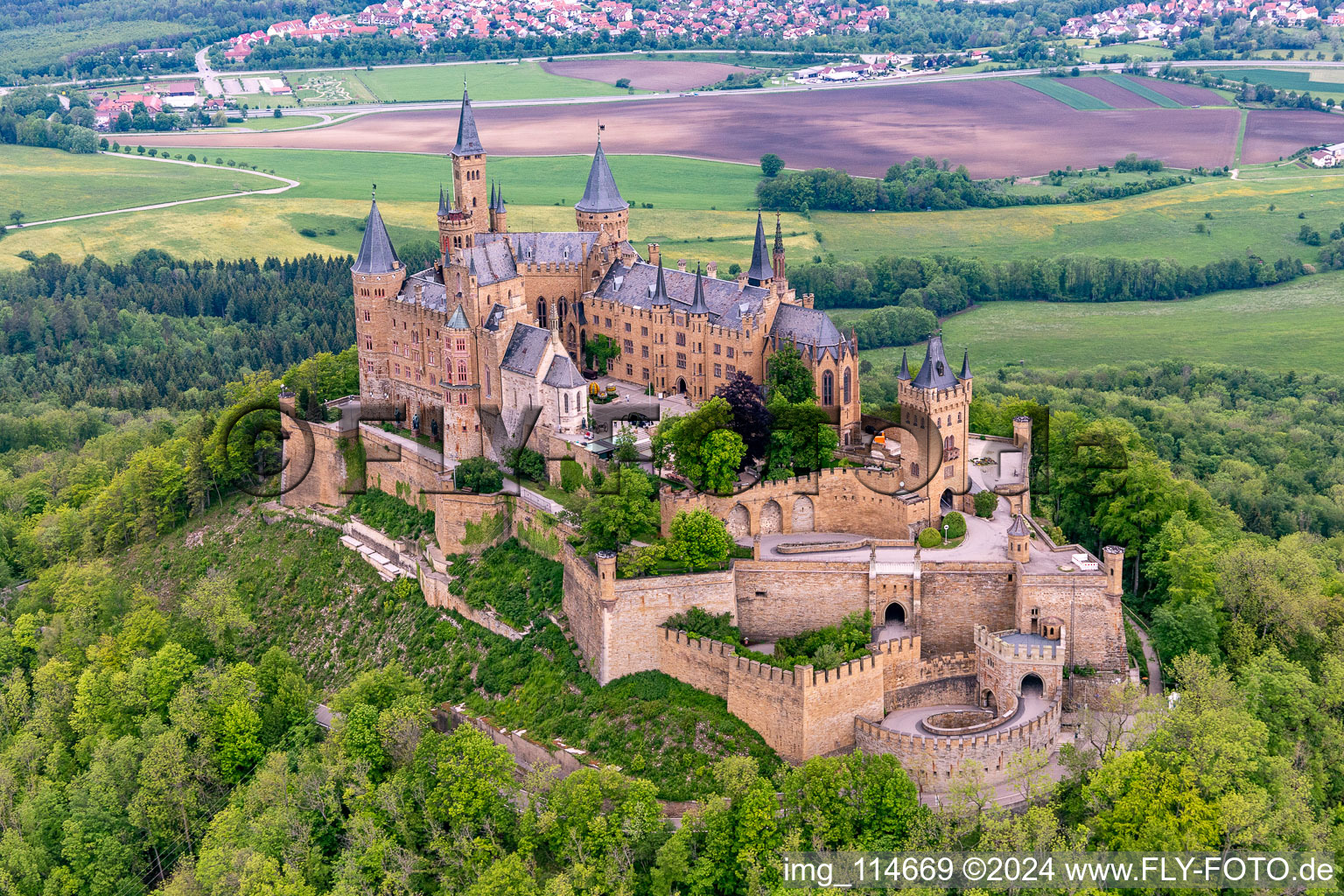 Hohenzollern Castle in the district Zimmern in Bisingen in the state Baden-Wuerttemberg, Germany viewn from the air