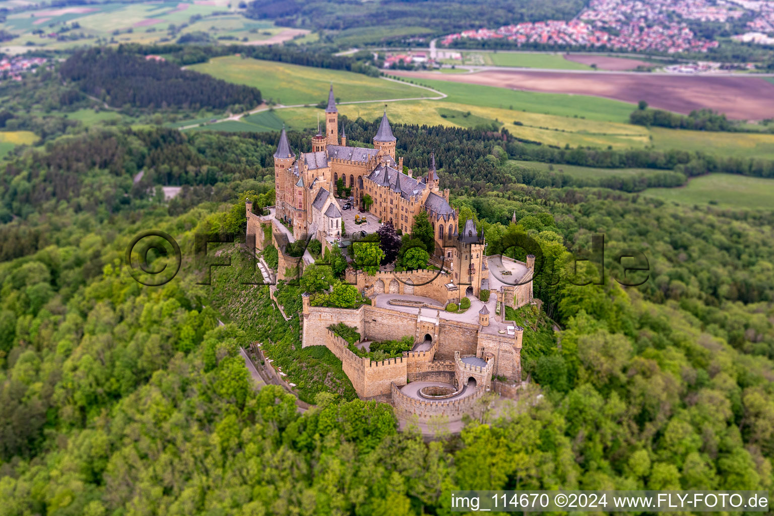 Drone recording of Hohenzollern Castle in the district Zimmern in Bisingen in the state Baden-Wuerttemberg, Germany