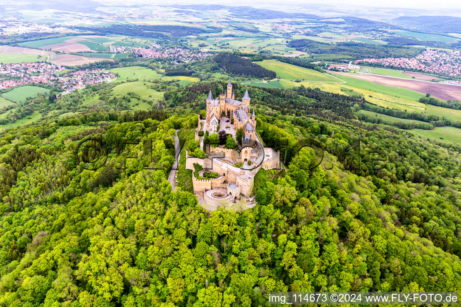 Aerial view of Hohenzollern Castle in the district Boll in Hechingen in the state Baden-Wuerttemberg, Germany