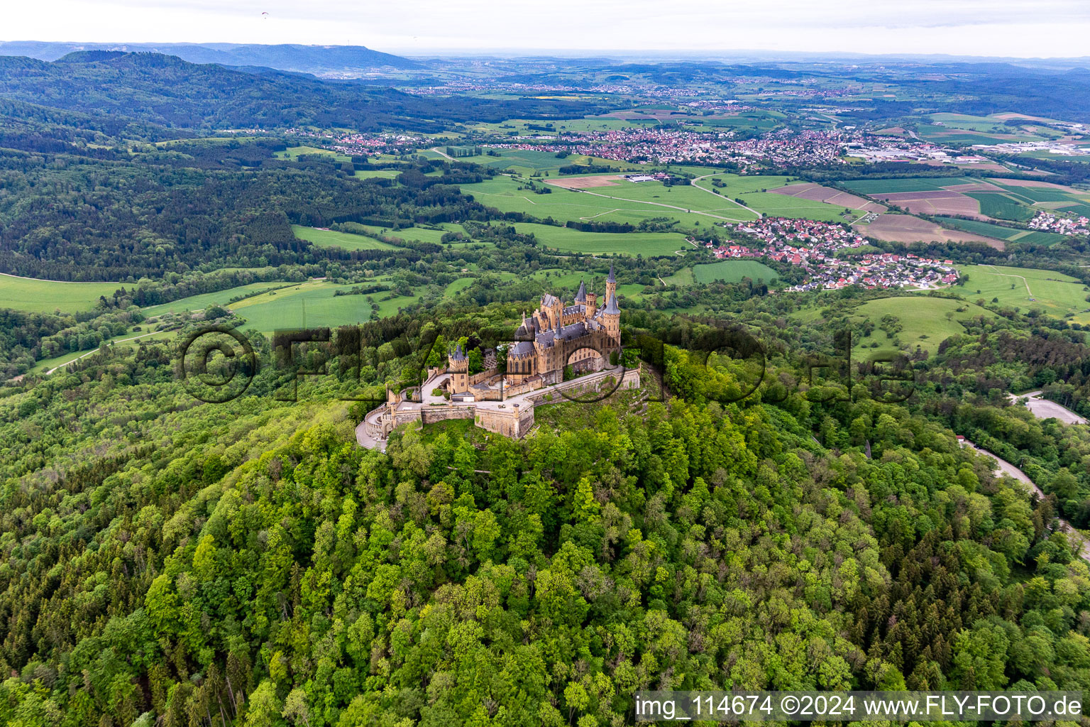 Aerial photograpy of Hohenzollern Castle in the district Boll in Hechingen in the state Baden-Wuerttemberg, Germany