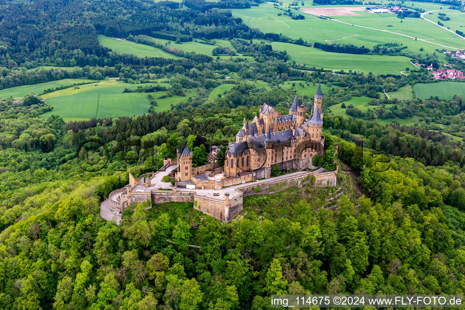 Oblique view of Hohenzollern Castle in the district Boll in Hechingen in the state Baden-Wuerttemberg, Germany