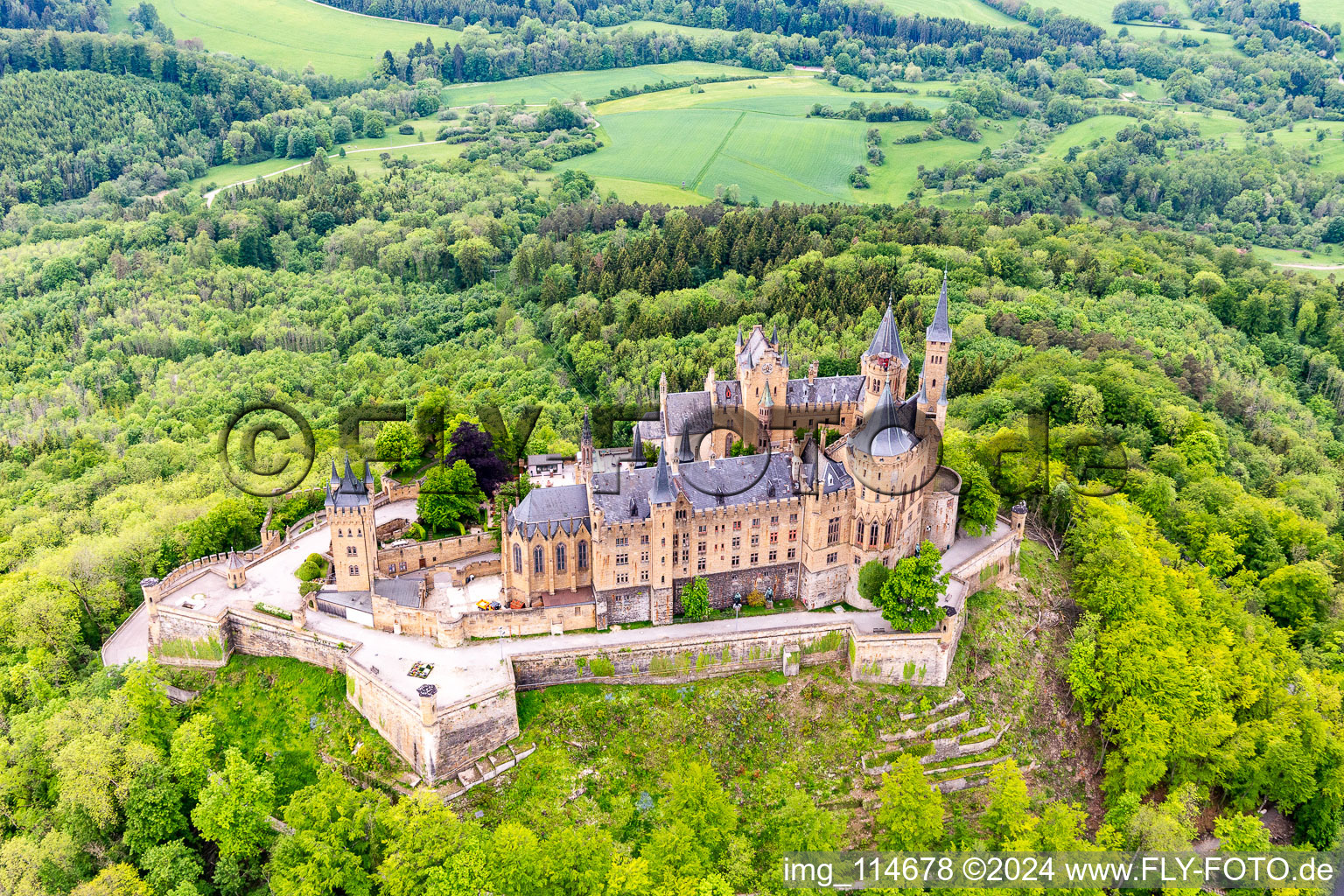 Hohenzollern Castle in the district Boll in Hechingen in the state Baden-Wuerttemberg, Germany from above