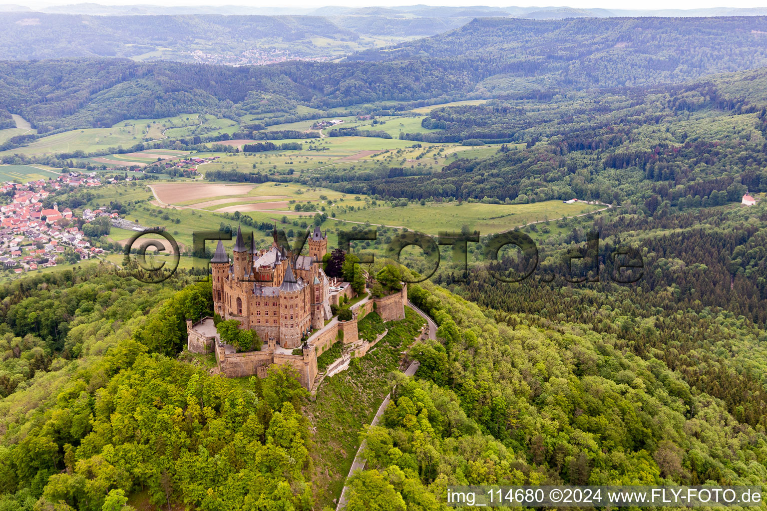 Drone image of Hohenzollern Castle in the district Zimmern in Bisingen in the state Baden-Wuerttemberg, Germany