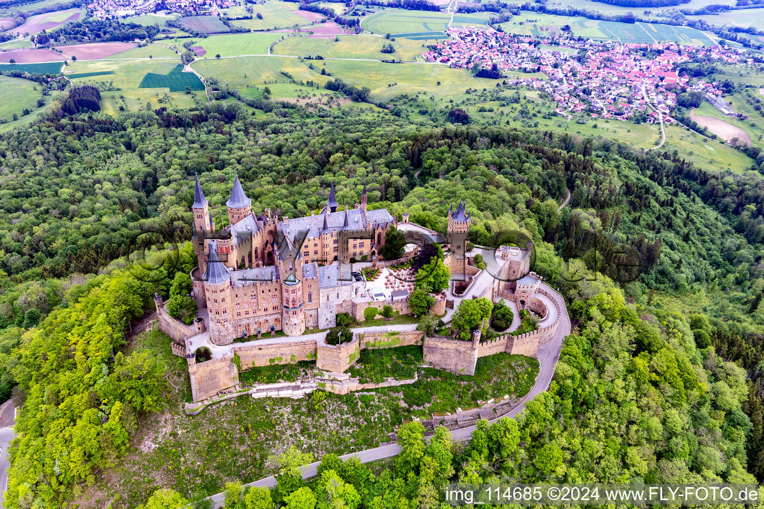 Hohenzollern Castle in the district Zimmern in Bisingen in the state Baden-Wuerttemberg, Germany from a drone