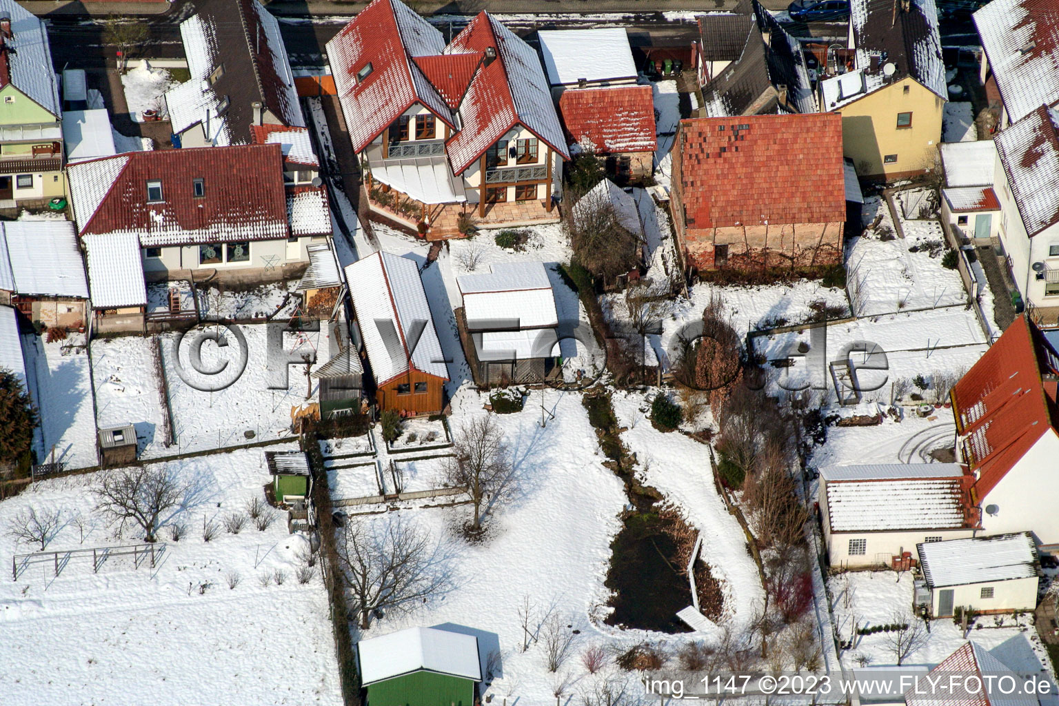 Aerial photograpy of In the snow in Freckenfeld in the state Rhineland-Palatinate, Germany