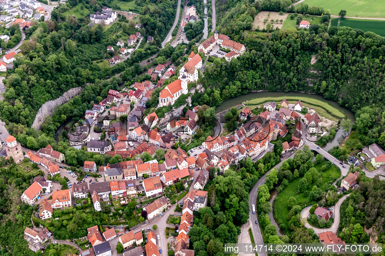 Aerial view of Castle of Haigerloch above the Eyach in Haigerloch in the state Baden-Wurttemberg, Germany