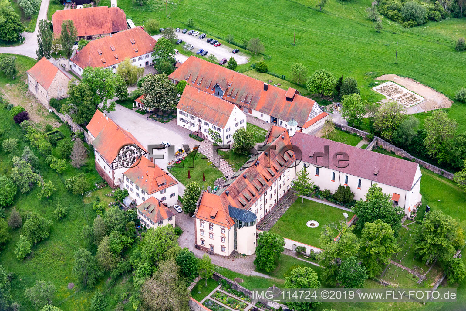 Kirchberg Monastery (Berneuchener Haus) in Sulz am Neckar in the state Baden-Wuerttemberg, Germany from above