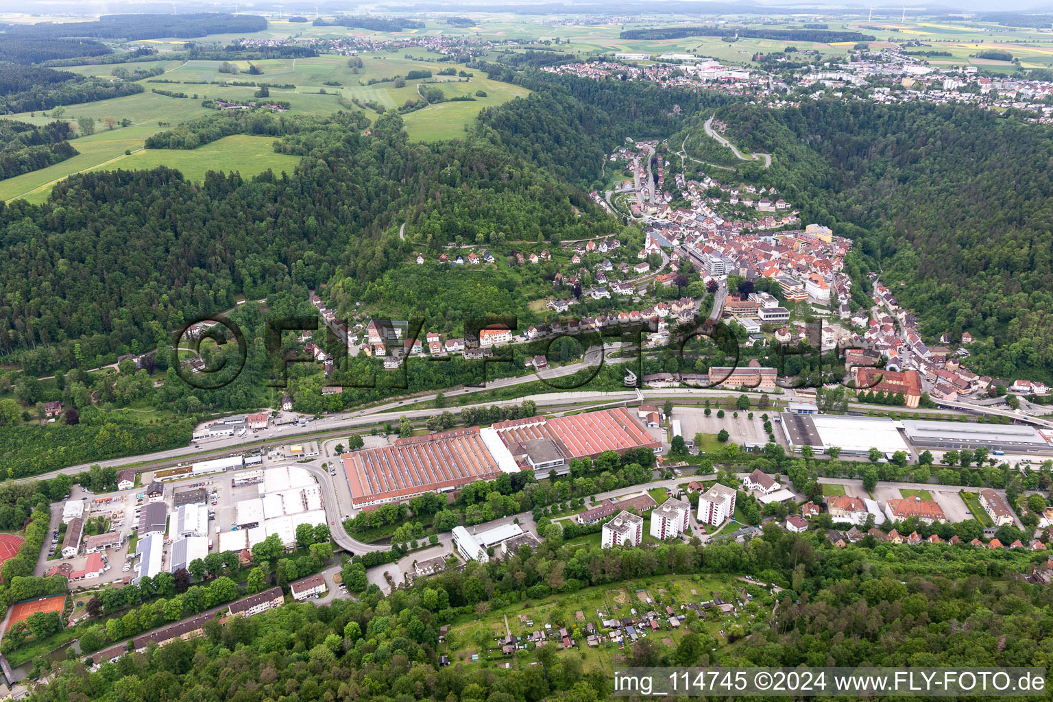 Bird's eye view of Oberndorf am Neckar in the state Baden-Wuerttemberg, Germany