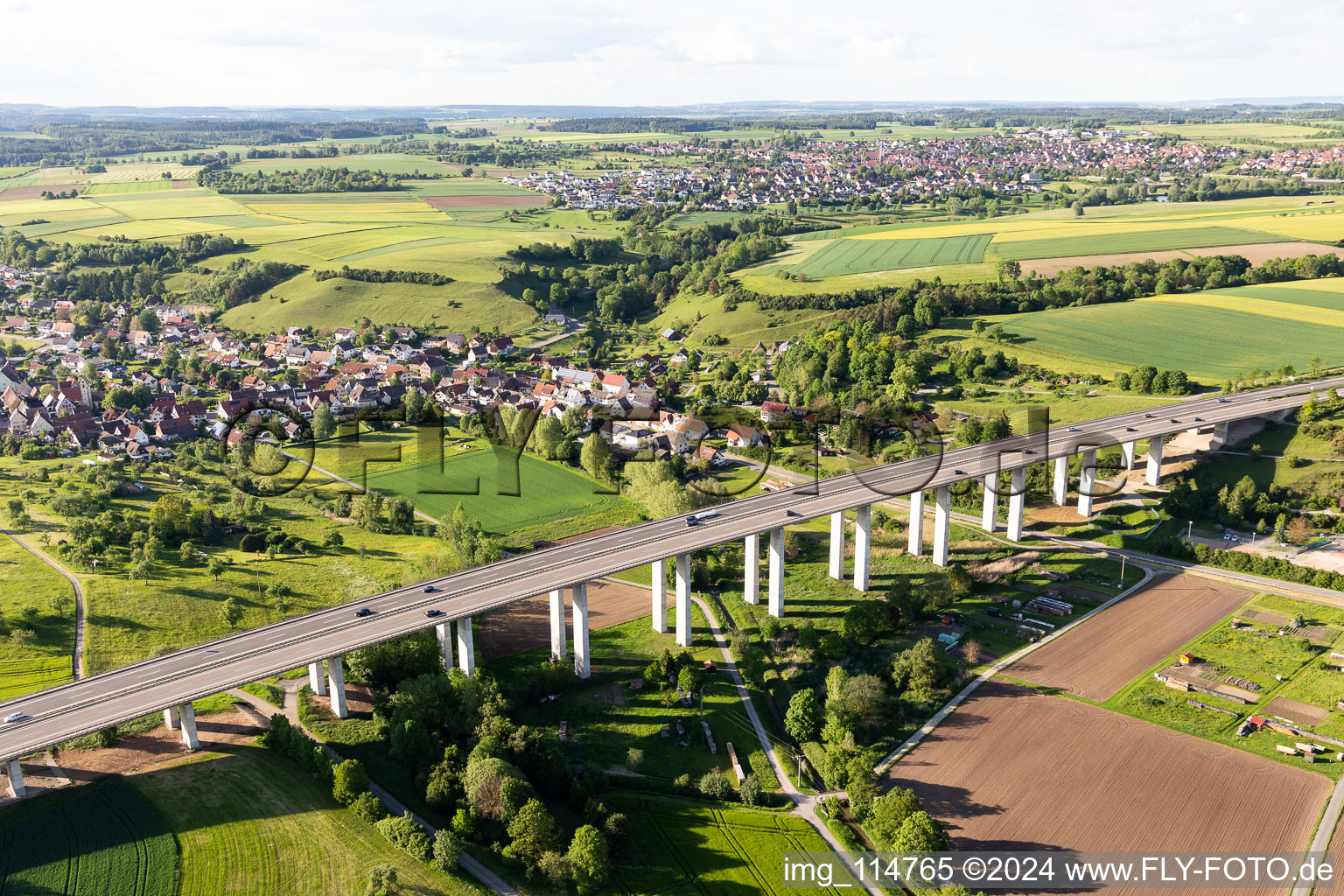 Aerial view of A81 Mühlbachtal Bridge in the district Renfrizhausen in Sulz am Neckar in the state Baden-Wuerttemberg, Germany