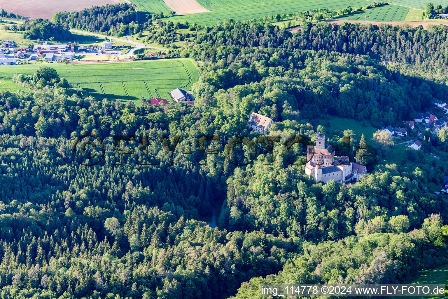 Aerial view of Castle of Hohenmuehringen in Horb am Neckar in the state Baden-Wurttemberg, Germany