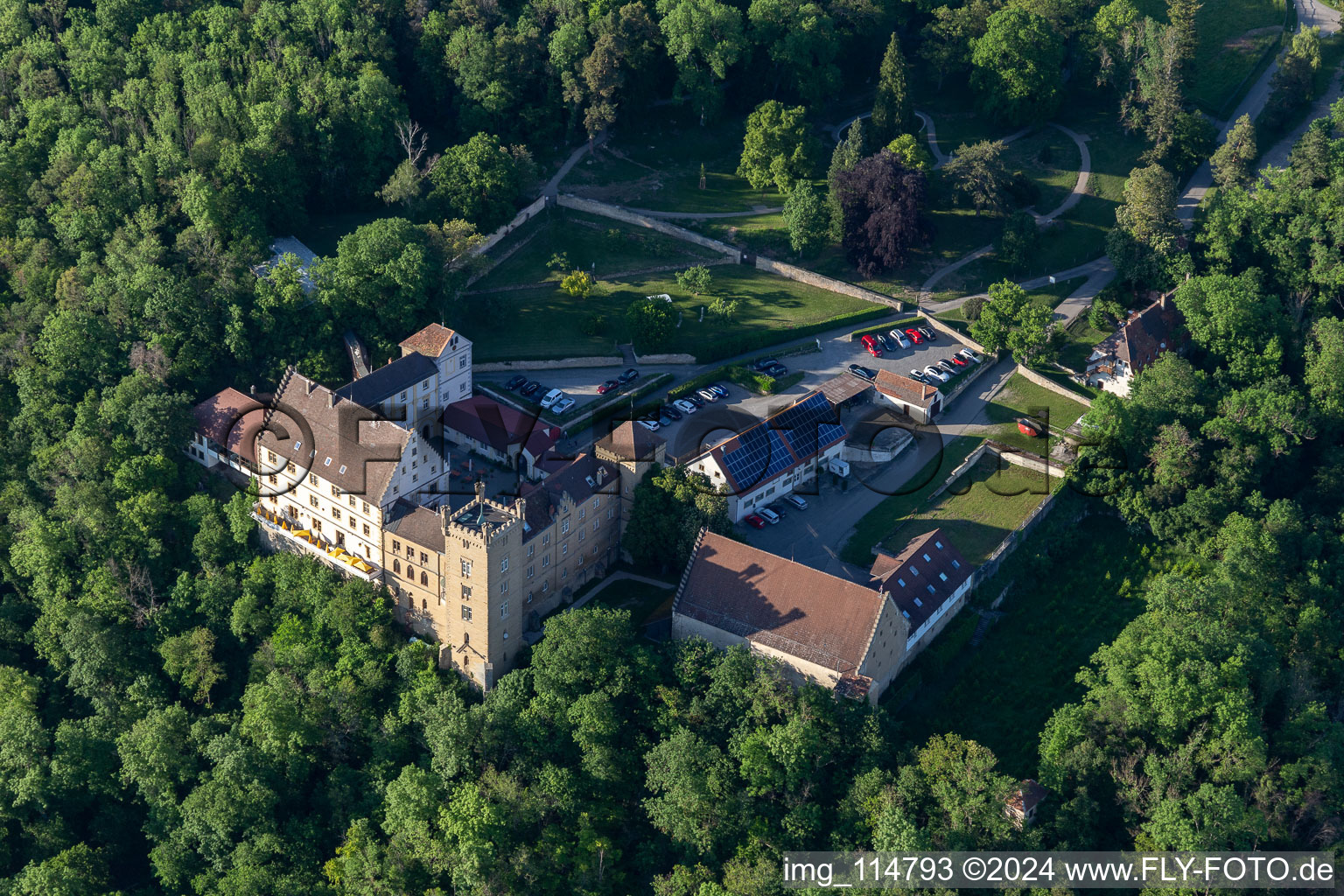 Aerial view of Complex of the hotel building Hotel Schloss Weitenburg in Starzach in the state Baden-Wurttemberg, Germany