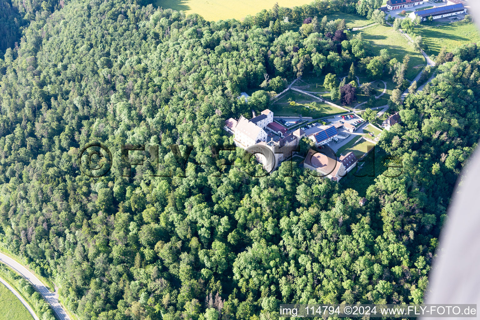 Aerial photograpy of Complex of the hotel building Hotel Schloss Weitenburg in Starzach in the state Baden-Wurttemberg, Germany