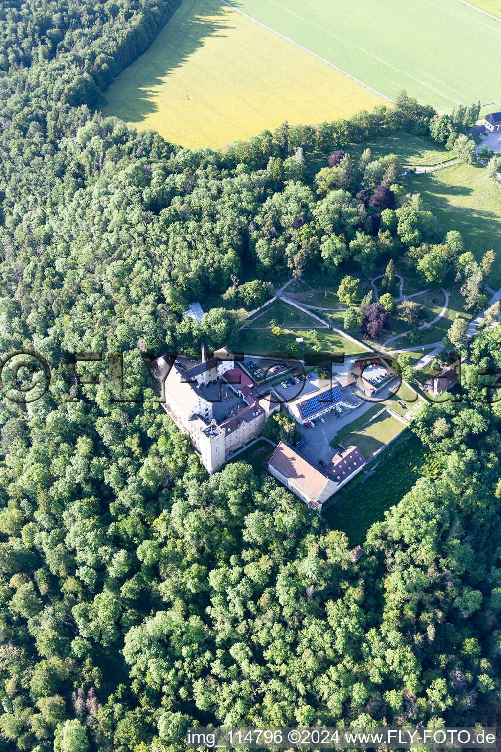 Oblique view of Complex of the hotel building Hotel Schloss Weitenburg in Starzach in the state Baden-Wurttemberg, Germany