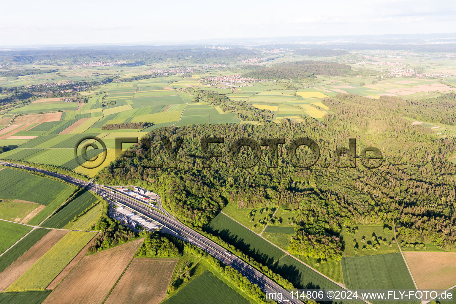 Aerial view of A81 parking lot Geyern/Ziegler West in Rottenburg am Neckar in the state Baden-Wuerttemberg, Germany