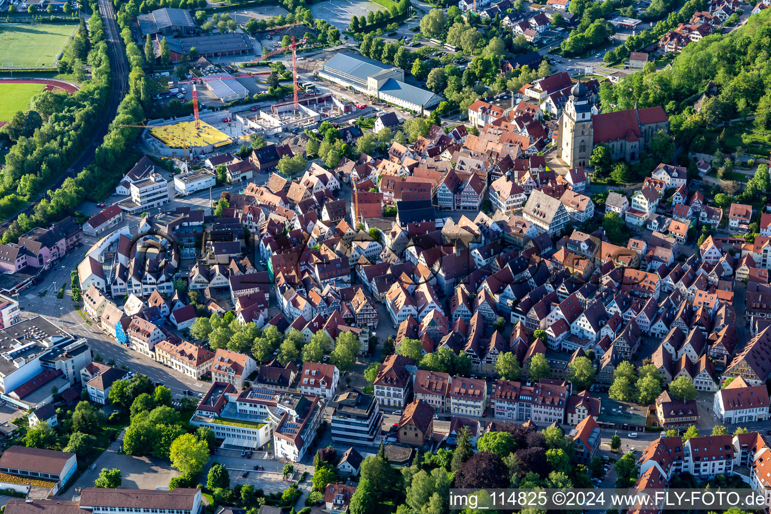 Old Town area and city center in Herrenberg in the state Baden-Wurttemberg