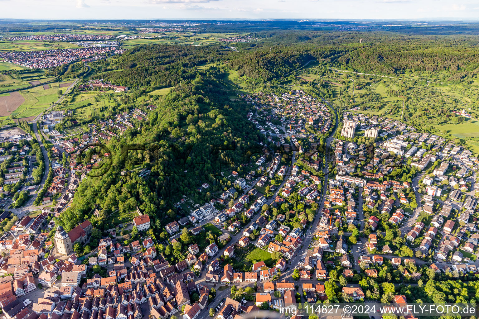 Surrounded by forest and forest areas center of the streets and houses and residential areas in Herrenberg in the state Baden-Wurttemberg, Germany