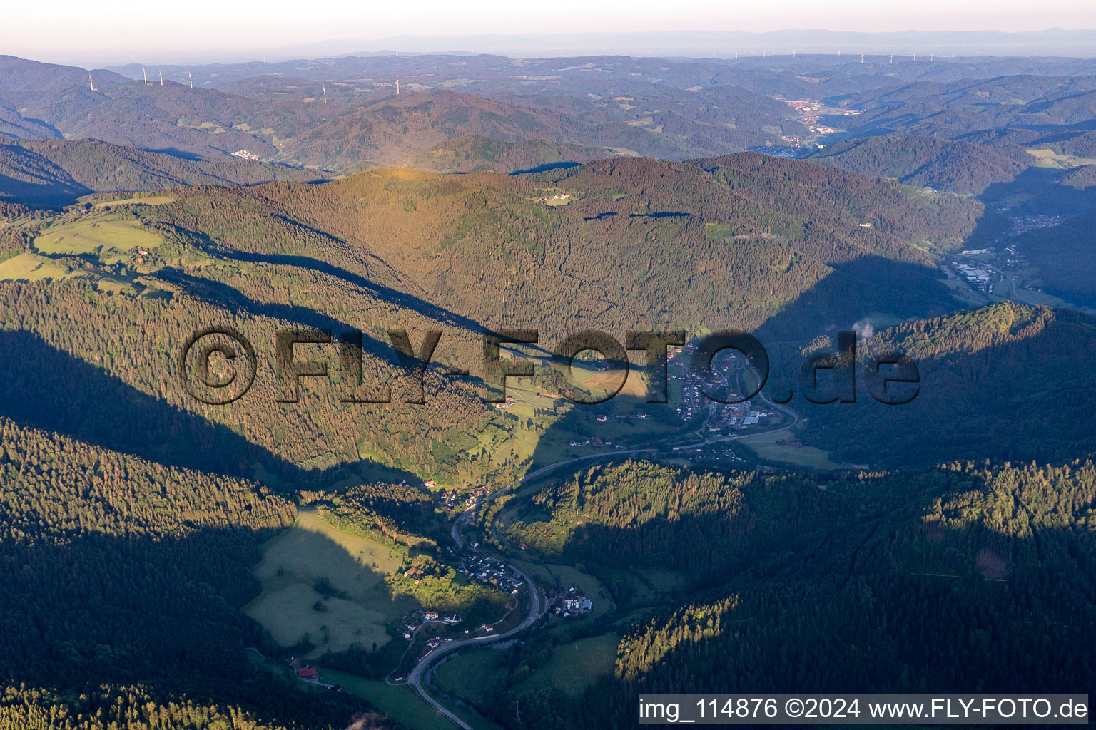 Black-forest valley landscape surrounded by mountains in the district Kinzigtal in Wolfach in the state Baden-Wurttemberg, Germany