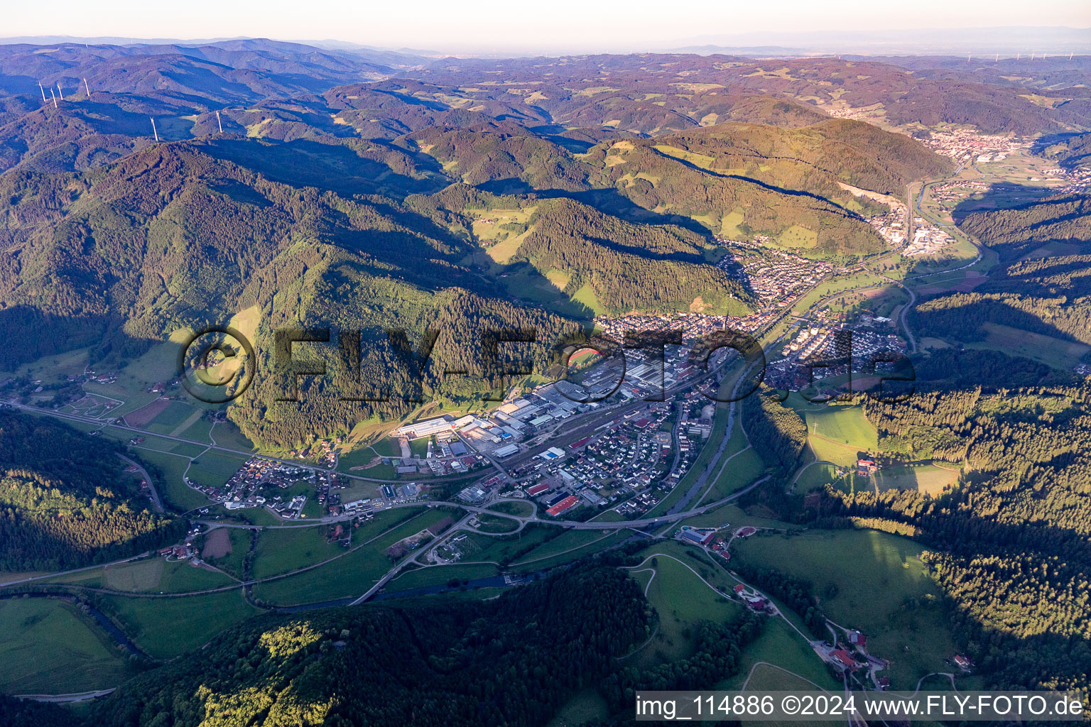 Aerial view of Industrial and commercial area Hinterer Bahnhof in Hausach in the state Baden-Wurttemberg, Germany