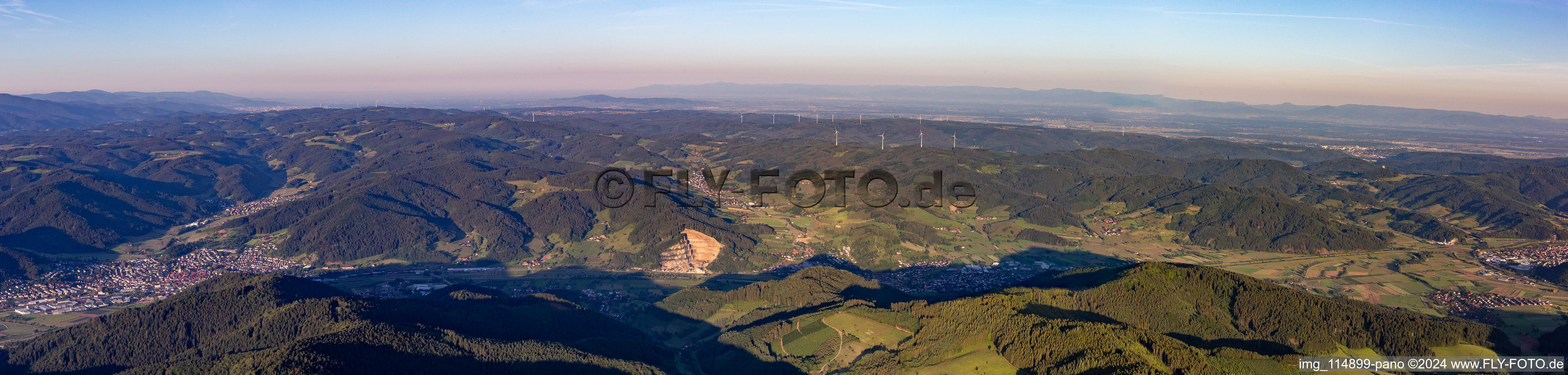 Panoramic perspective of the valley landscape surrounded by mountains of the Black forest in Steinach in the state Baden-Wurttemberg, Germany