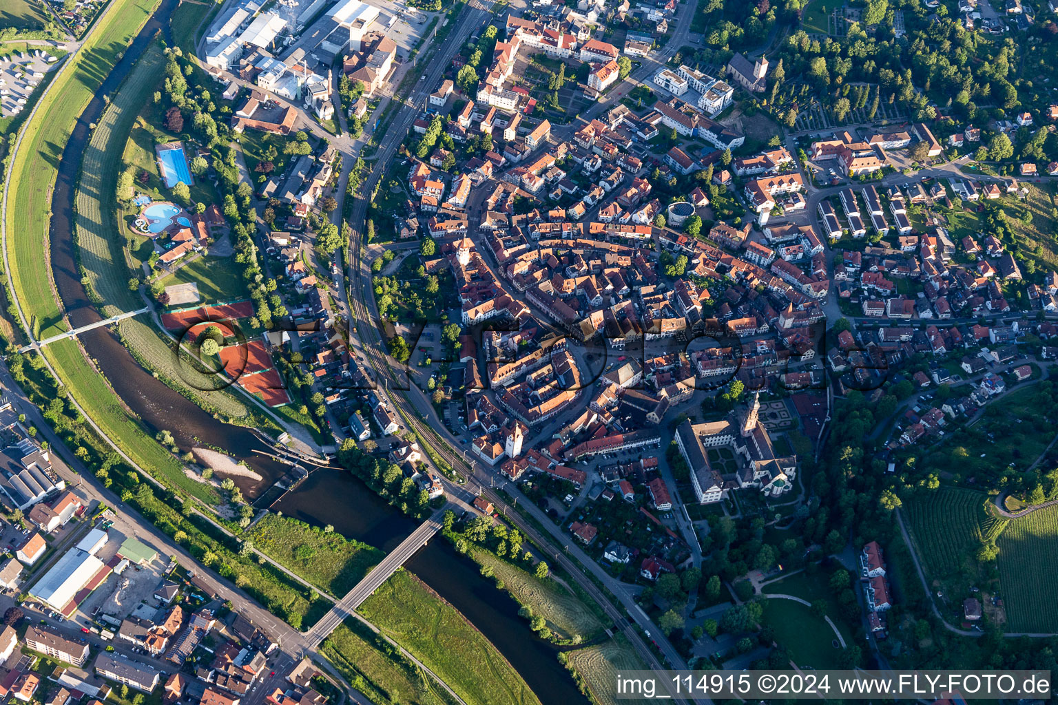 Village on the banks of the Kinzig - river course in Gengenbach in the state Baden-Wurttemberg, Germany