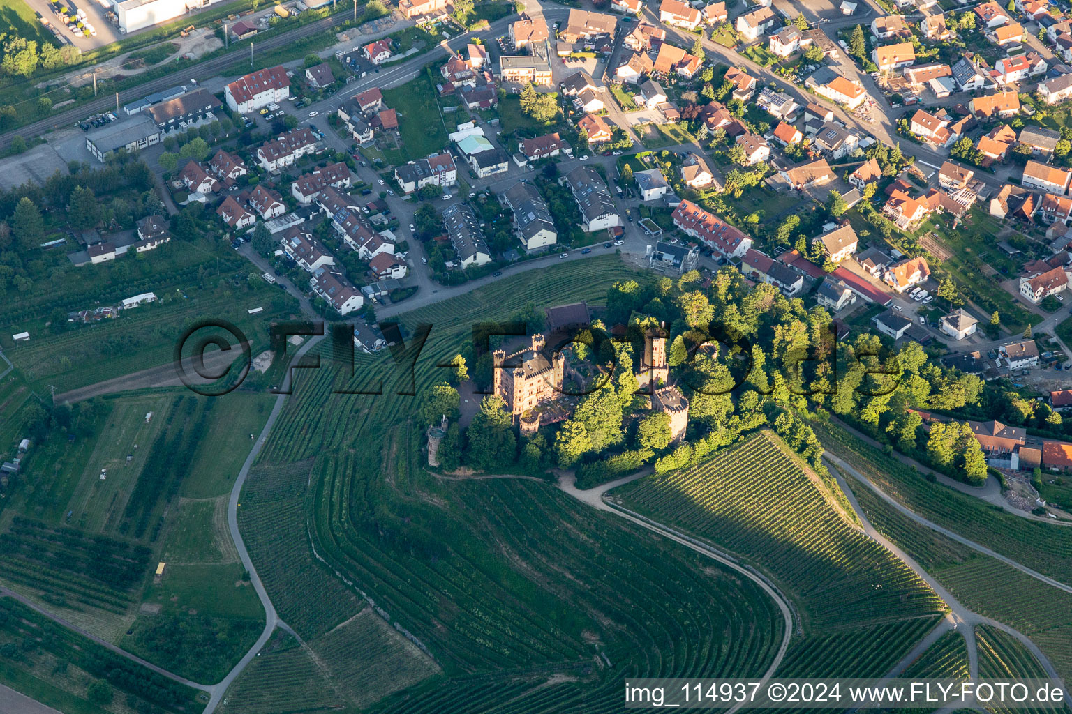 Aerial view of Building the hostel Schloss Ortenberg in Ortenberg in the state Baden-Wurttemberg, Germany