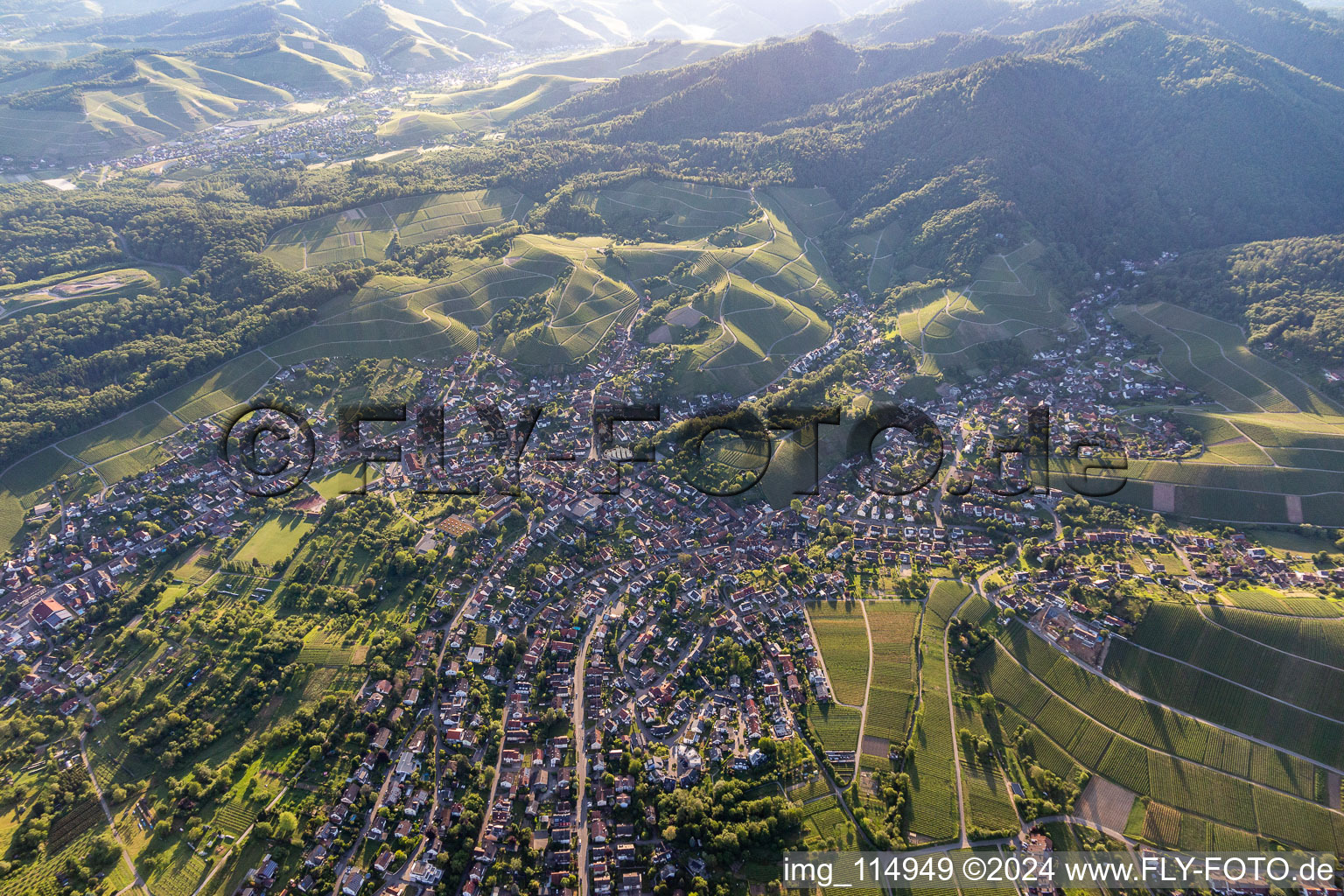 Location view of the streets and houses of residential areas in the valley landscape surrounded by Wine-Yards in Zell-Weierbach in the state Baden-Wurttemberg, Germany