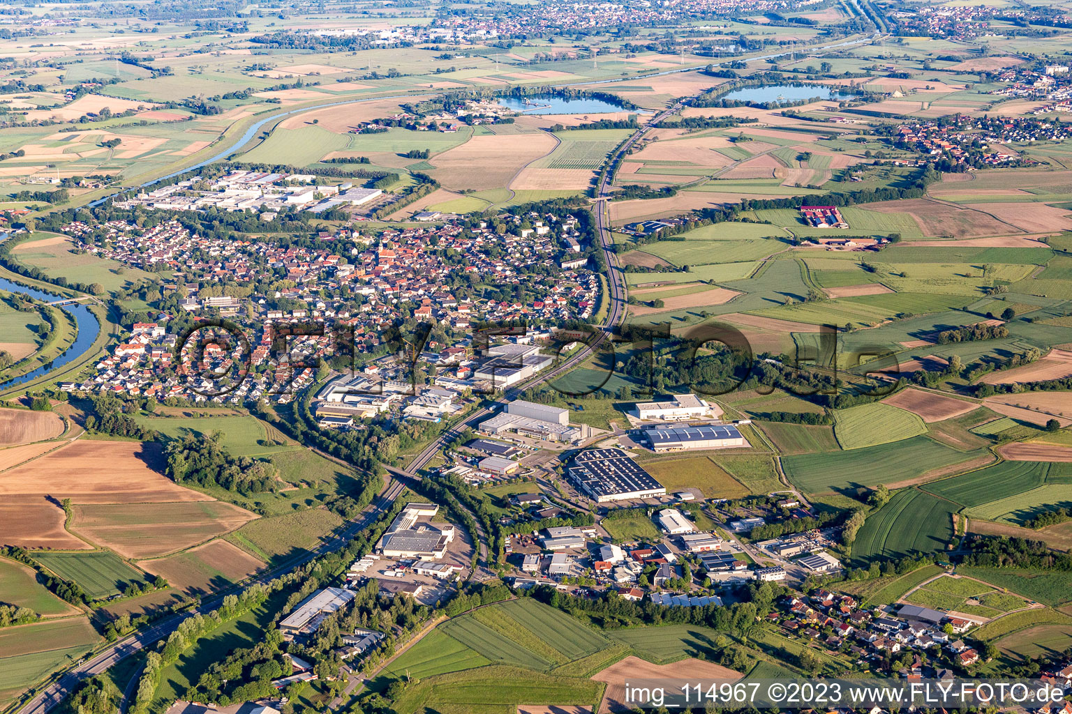 Aerial view of Village on the banks of the area of the Kinzig river - river course in Willstaett in the state Baden-Wurttemberg, Germany