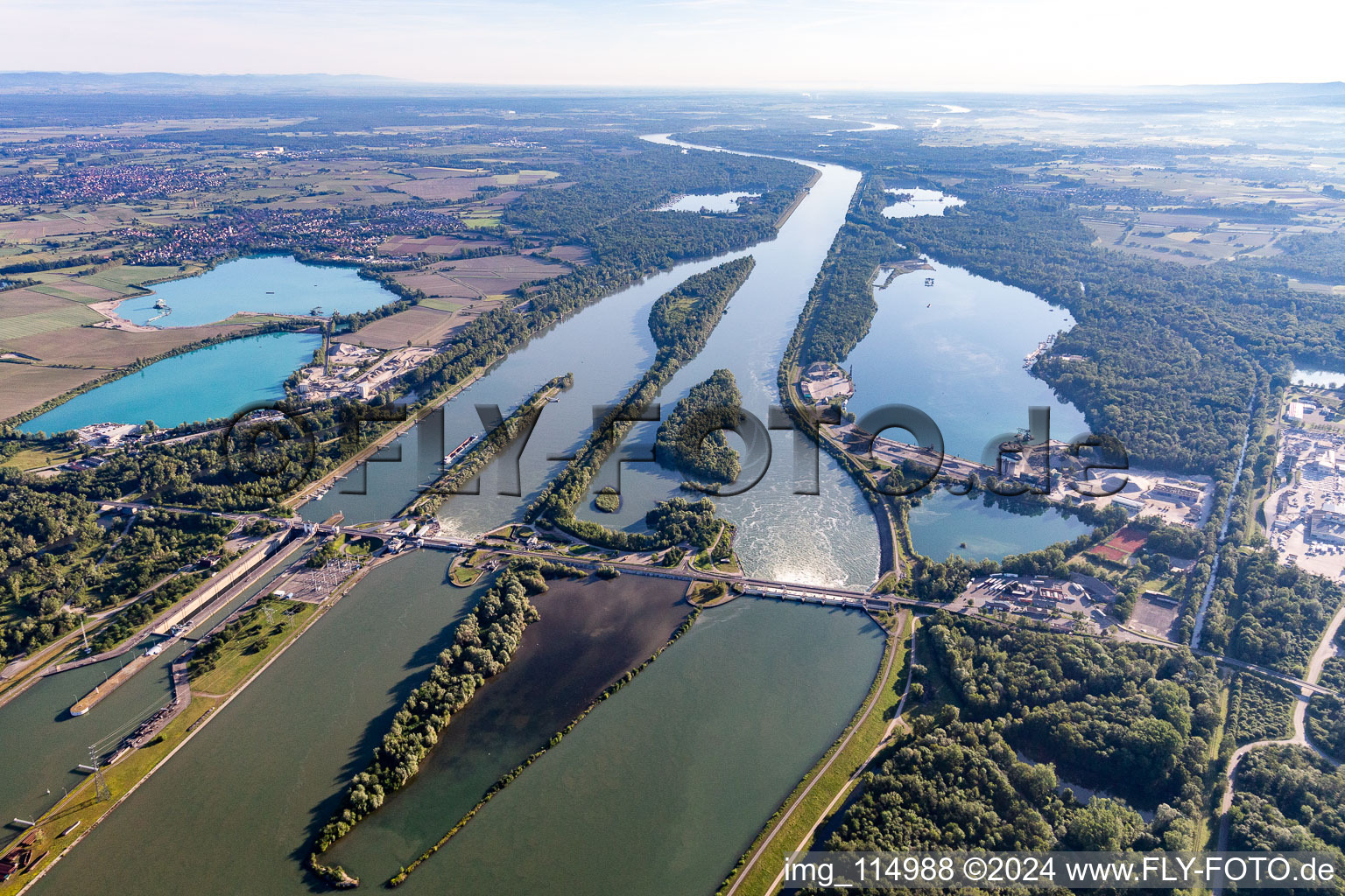 Aerial view of Rhine lock Gambsheim-Freistett in the district Freistett in Rheinau in the state Baden-Wuerttemberg, Germany