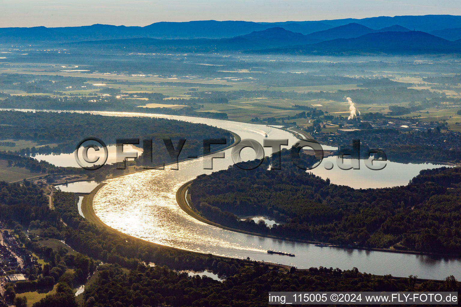 Curved loop of the riparian zones on the course of the river Rhine in Soellingen in the state Baden-Wurttemberg, Germany