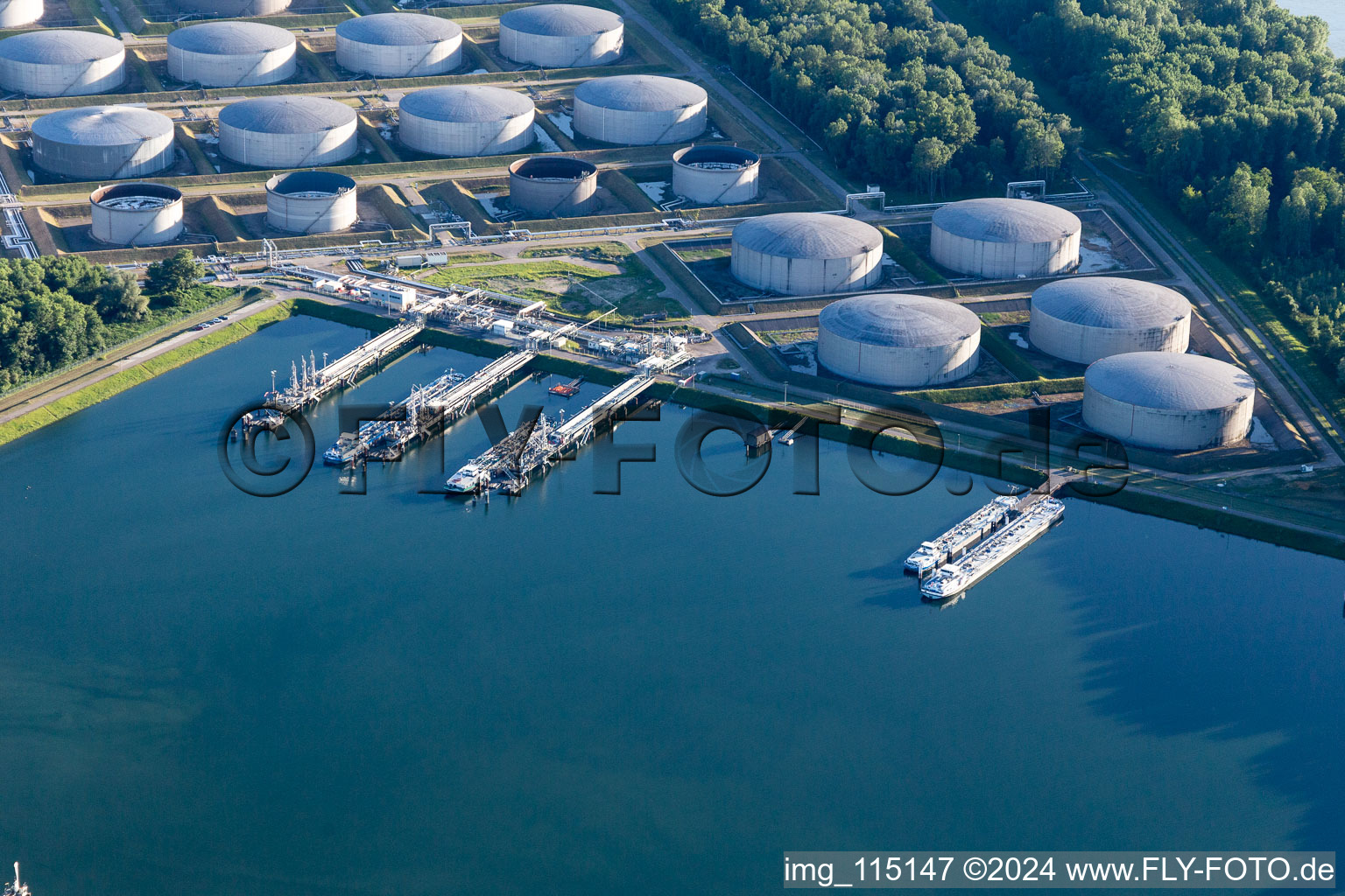 Aerial view of Oil port in the district Knielingen in Karlsruhe in the state Baden-Wuerttemberg, Germany