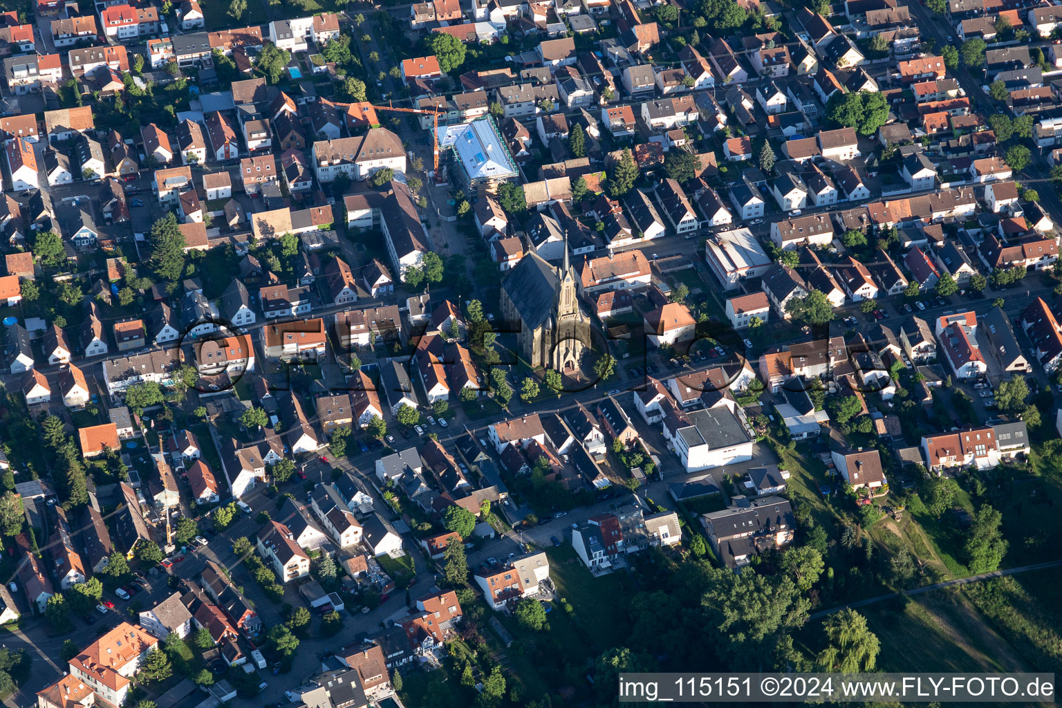 District Neureut in Karlsruhe in the state Baden-Wuerttemberg, Germany from the drone perspective