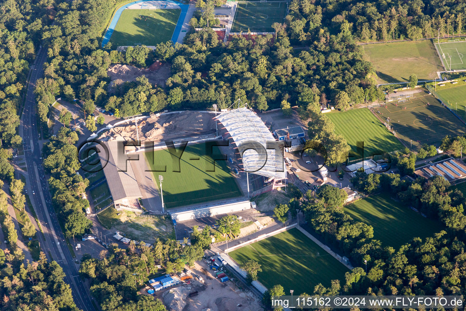 Aerial view of KSC Wildparkstadion, construction site in the district Innenstadt-Ost in Karlsruhe in the state Baden-Wuerttemberg, Germany