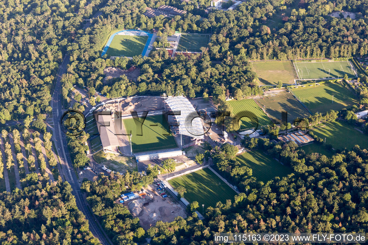 Aerial photograpy of Extension and conversion site on the sports ground of the stadium "Wildparkstadion" of the KSC in Karlsruhe in the state Baden-Wurttemberg, Germany