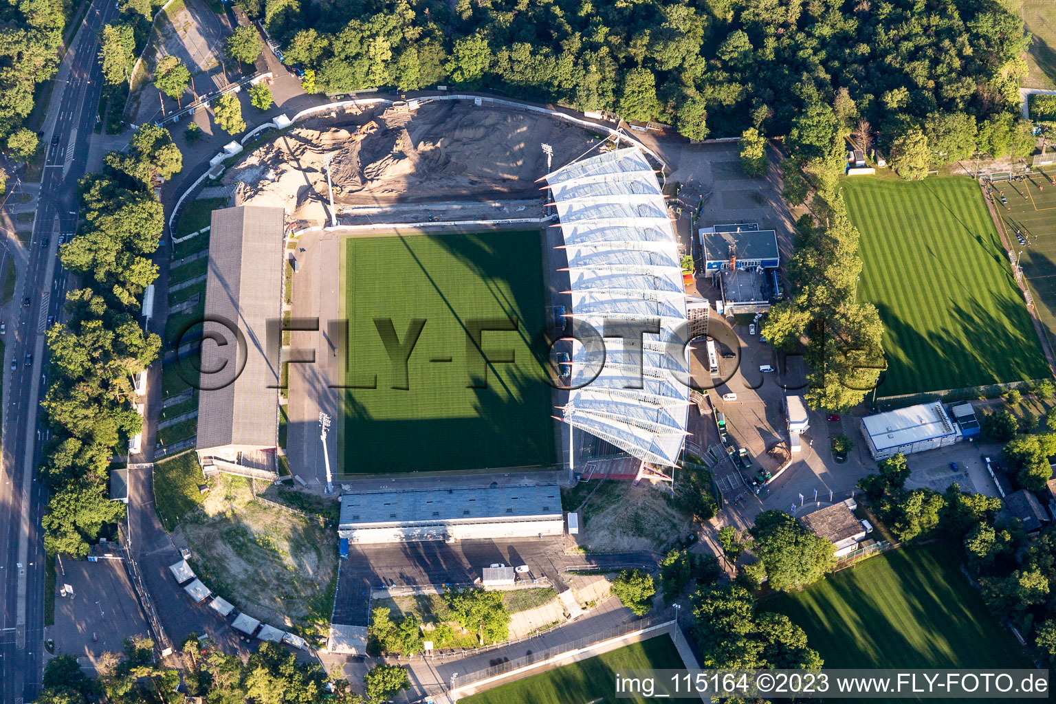 Oblique view of Extension and conversion site on the sports ground of the stadium "Wildparkstadion" of the KSC in Karlsruhe in the state Baden-Wurttemberg, Germany