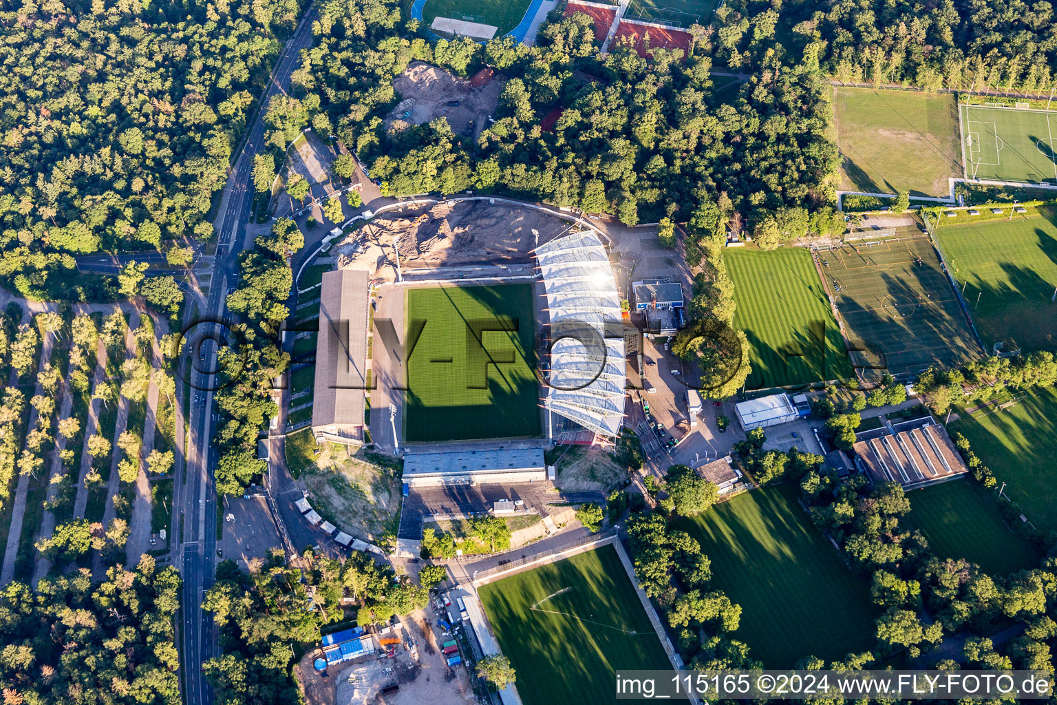 Aerial view of Extension and conversion site on the sports ground of the stadium " Wildparkstadion " in Karlsruhe in the state Baden-Wurttemberg, Germany