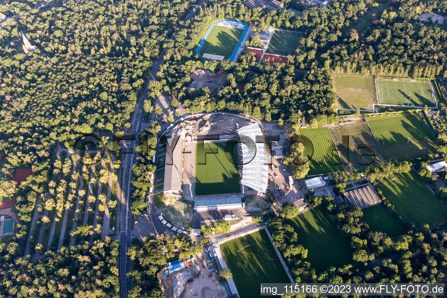 Aerial photograpy of KSC wildlife park stadium, construction site in the district Innenstadt-Ost in Karlsruhe in the state Baden-Wuerttemberg, Germany