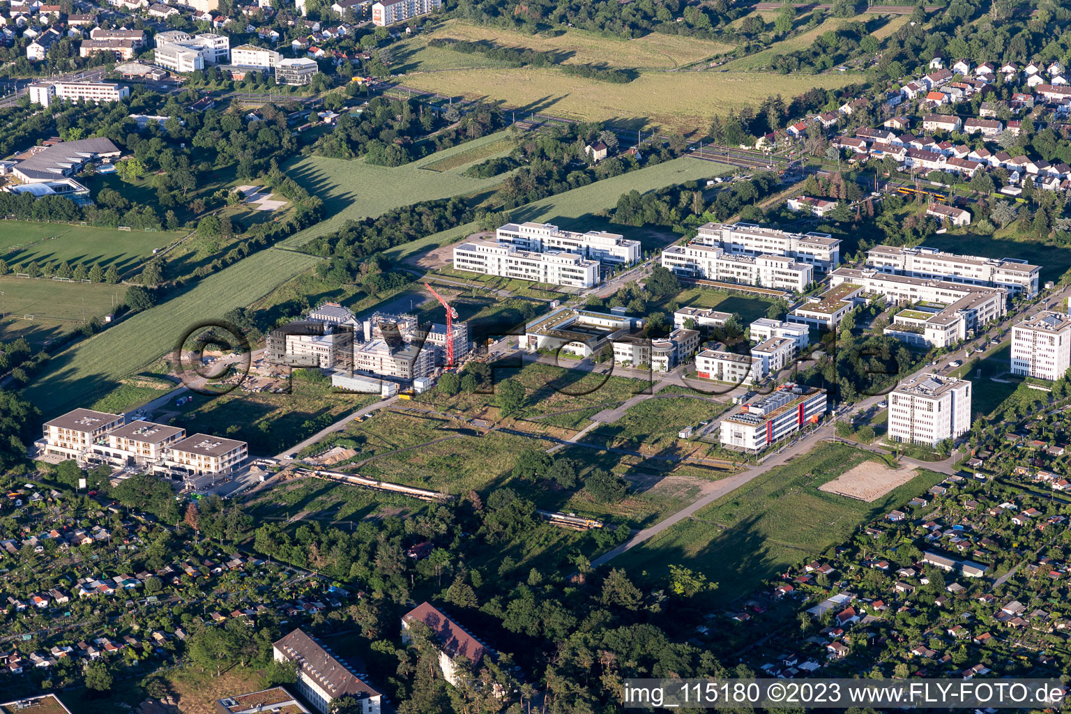 Aerial view of Technology Park in the district Rintheim in Karlsruhe in the state Baden-Wuerttemberg, Germany