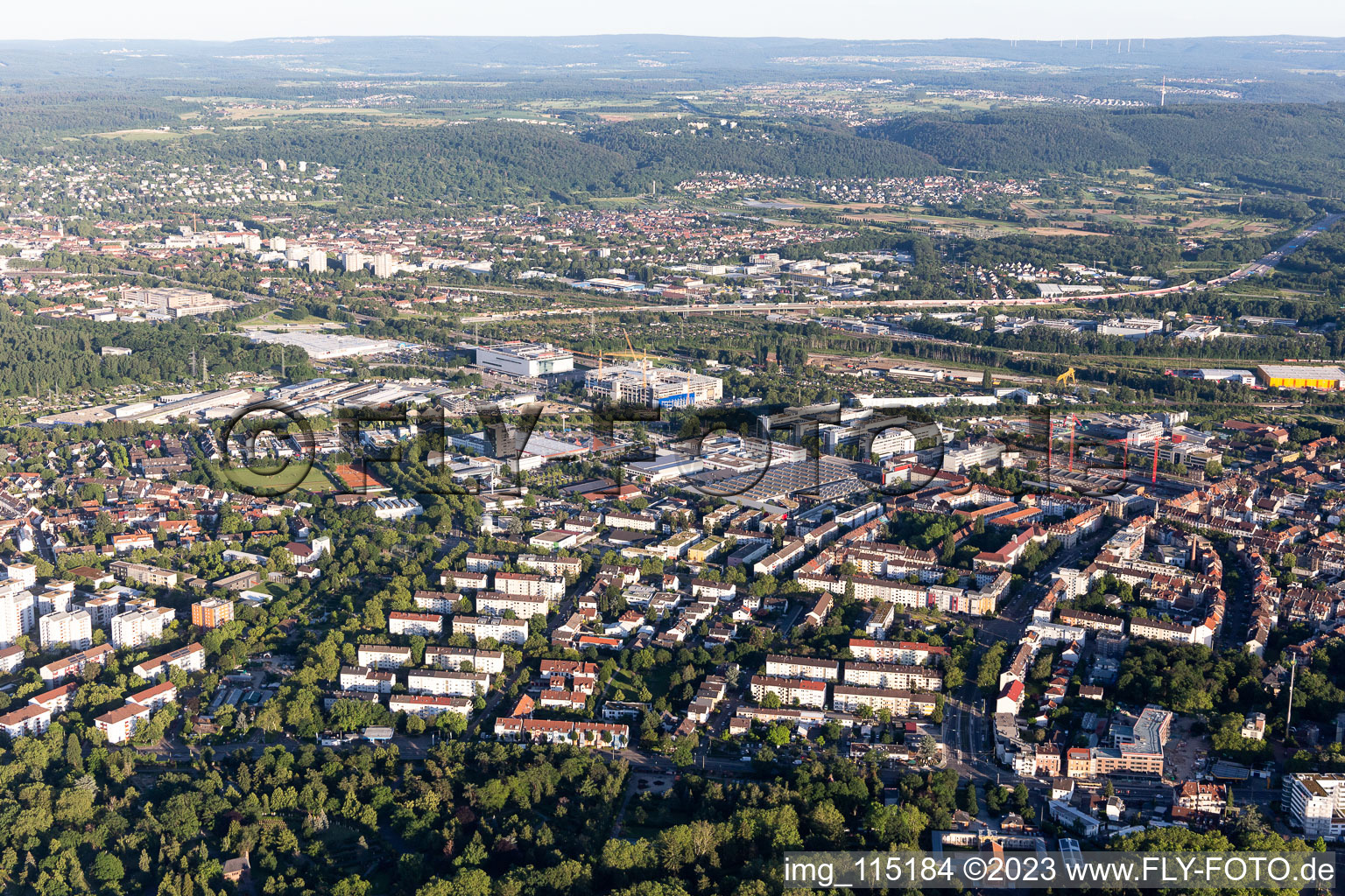 District Rintheim in Karlsruhe in the state Baden-Wuerttemberg, Germany seen from a drone