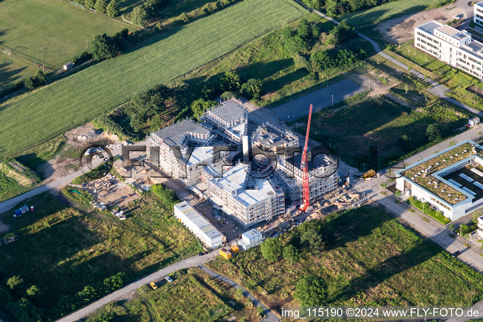 Aerial view of Construction site of the LTC - Linder Technology Campus in Wilhelm-Schickard-Straße in the Technology Park Karlsruhe in the district Rintheim in Karlsruhe in the state Baden-Wuerttemberg, Germany