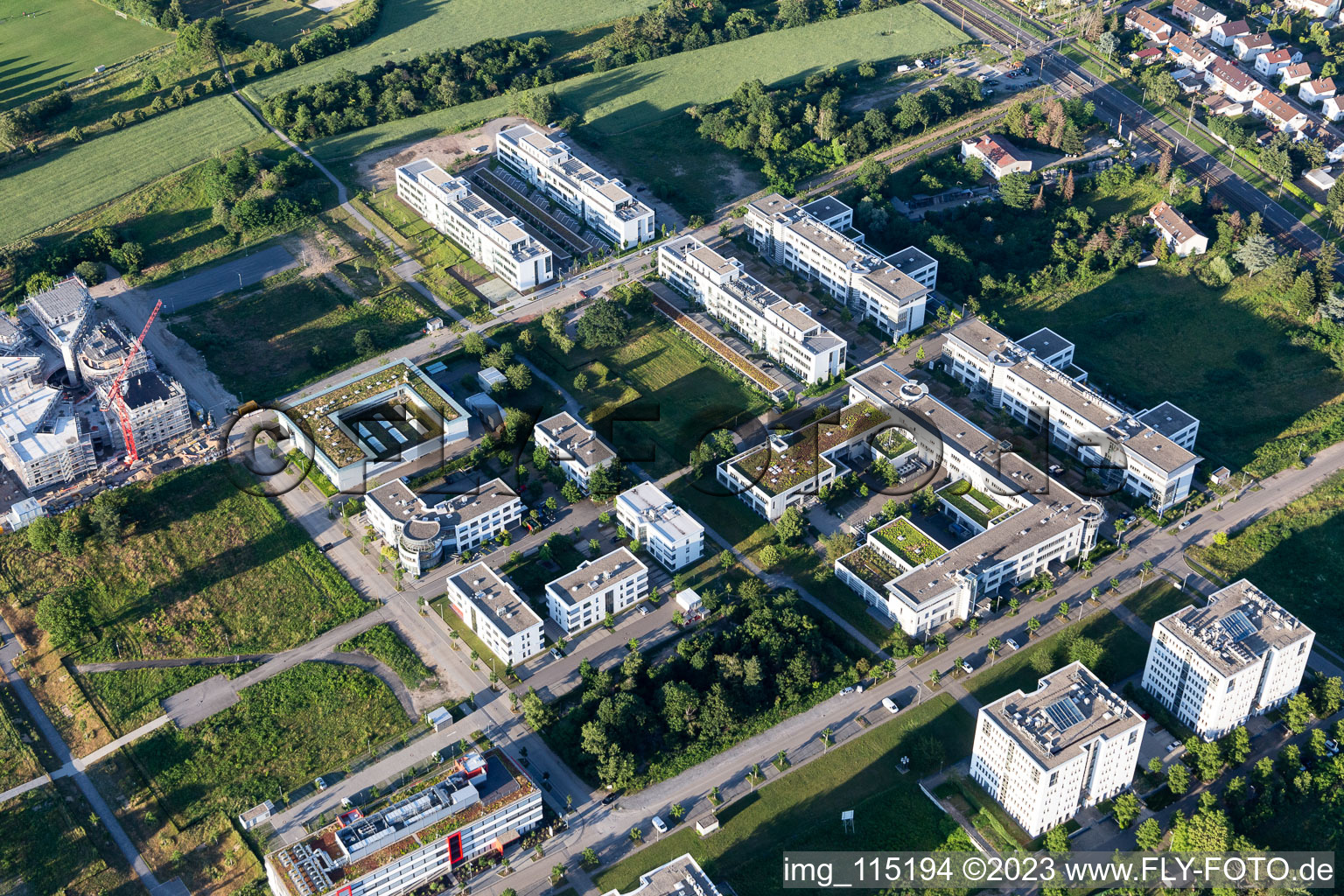 Technology Park in the district Rintheim in Karlsruhe in the state Baden-Wuerttemberg, Germany from the plane