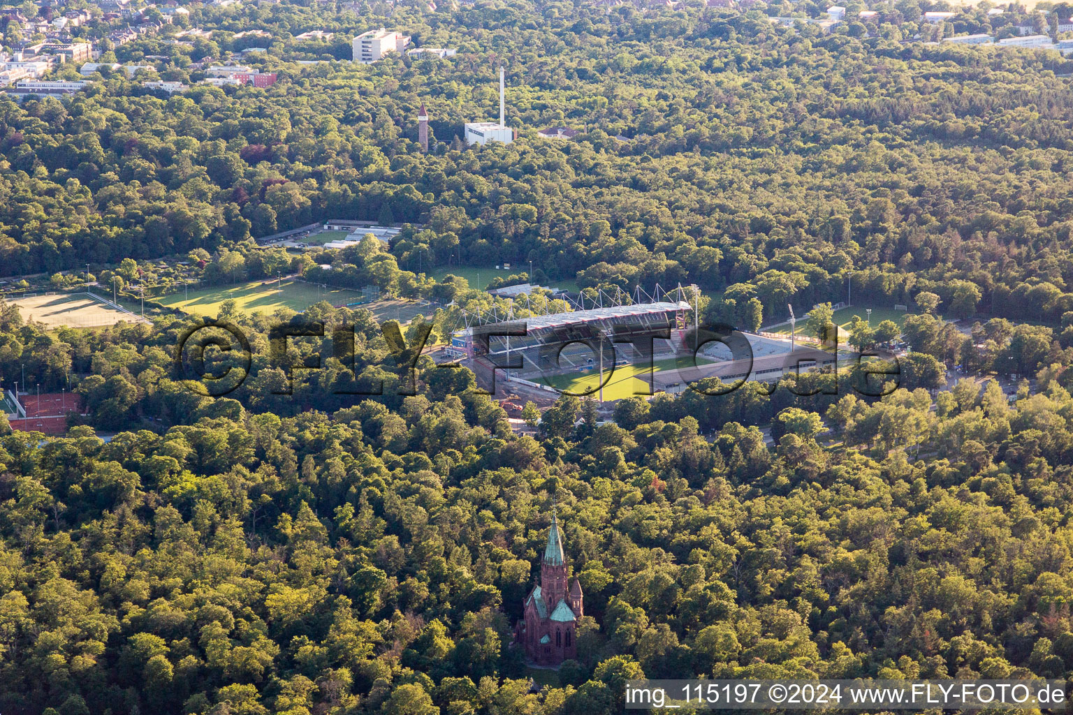 Aerial view of Wildparkstadion from the southwest in the district Oststadt in Karlsruhe in the state Baden-Wuerttemberg, Germany