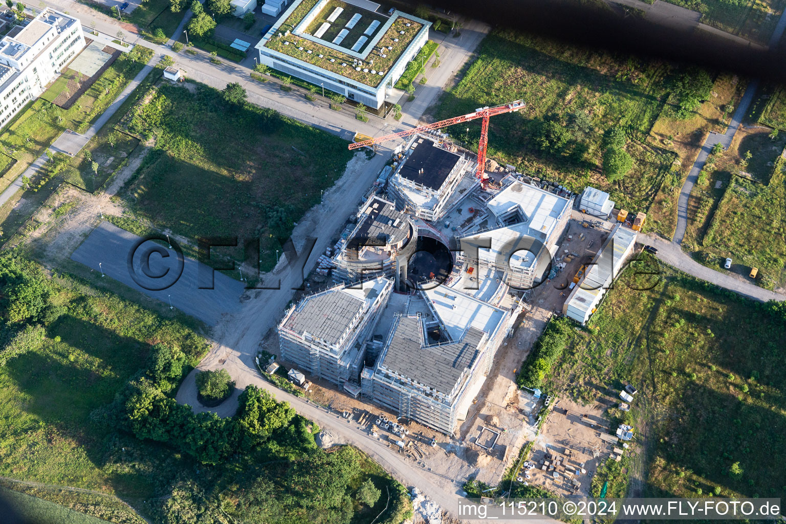 Construction site of the LTC - Linder Technology Campus in Wilhelm-Schickard-Straße in the Technology Park Karlsruhe in the district Rintheim in Karlsruhe in the state Baden-Wuerttemberg, Germany from the plane