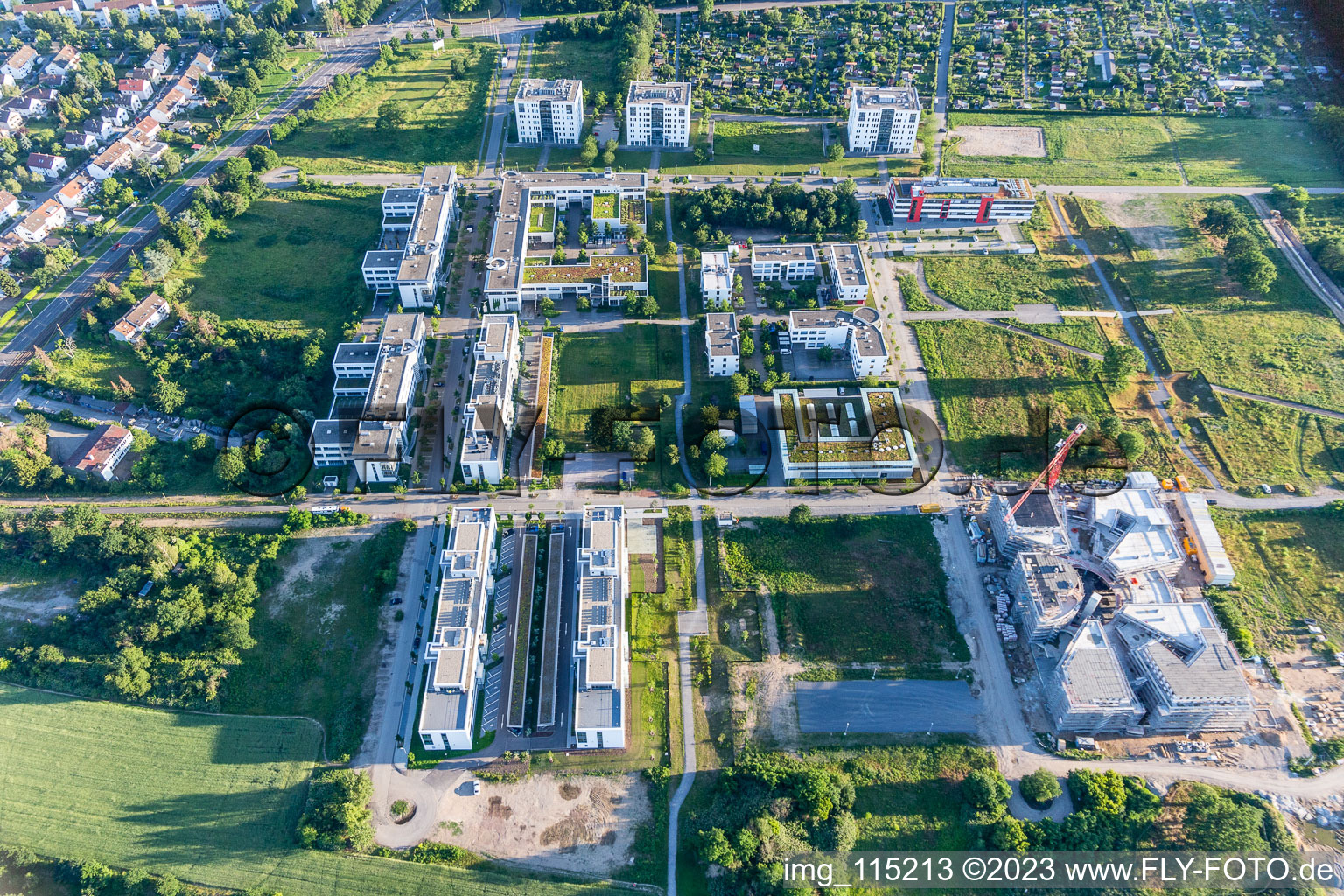 Drone recording of Technology Park in the district Rintheim in Karlsruhe in the state Baden-Wuerttemberg, Germany