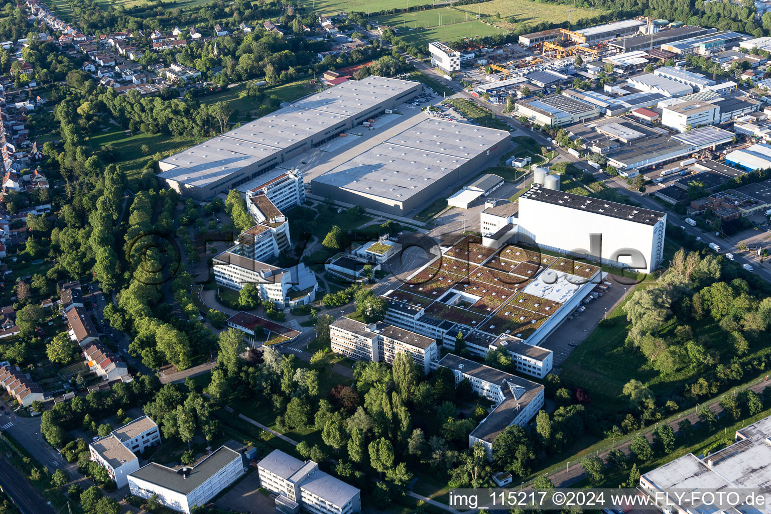 Industrial and commercial area Pfizerstrasse with Intel Deutschland GmbH, Simon Hegele Gesellschaft fuer Logistik and Service mbH, Bandesamt fuer Migration and Fluechtlinge - BAMF Karlsruhe and Pfizer Deutschland GmbH in Karlsruhe in the state Baden-Wurttemberg, Germany