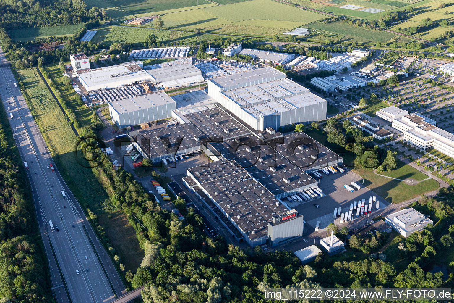 Buildings and production halls on the vehicle construction site Robert Bosch GmbH Auf of Breit in the district Durlach in Karlsruhe in the state Baden-Wurttemberg, Germany
