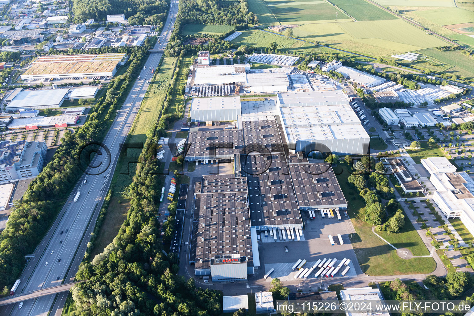Aerial view of Buildings and production halls on the vehicle construction site Robert Bosch GmbH Auf of Breit in the district Durlach in Karlsruhe in the state Baden-Wurttemberg, Germany