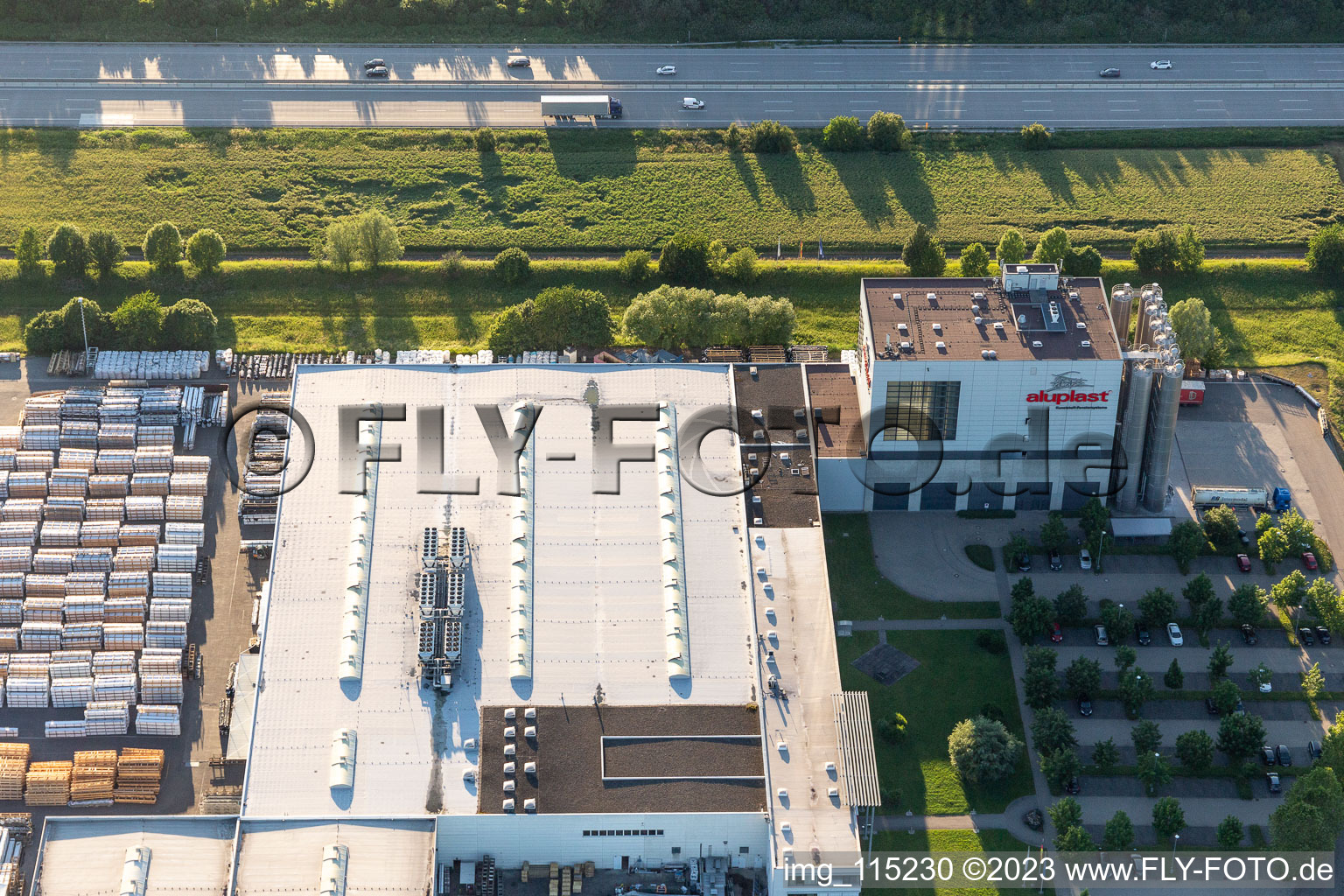 Aerial view of Company grounds and facilities of aluplast GmbH in the district Durlach in Karlsruhe in the state Baden-Wurttemberg, Germany